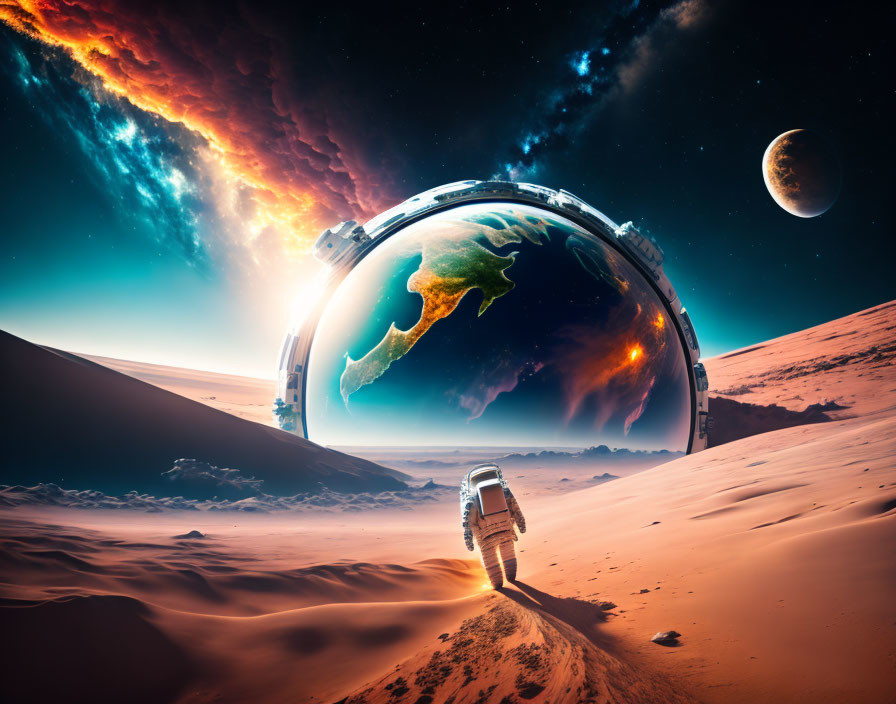 Futuristic portal on alien desert landscape with astronaut