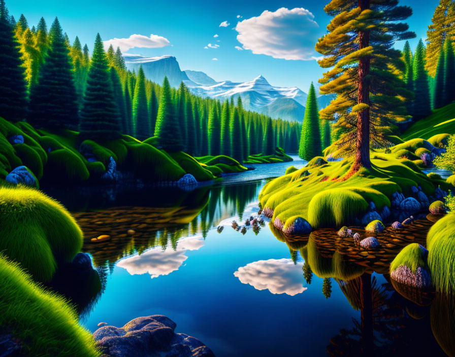 Tranquil river, greenery, mountains: vibrant landscape scene