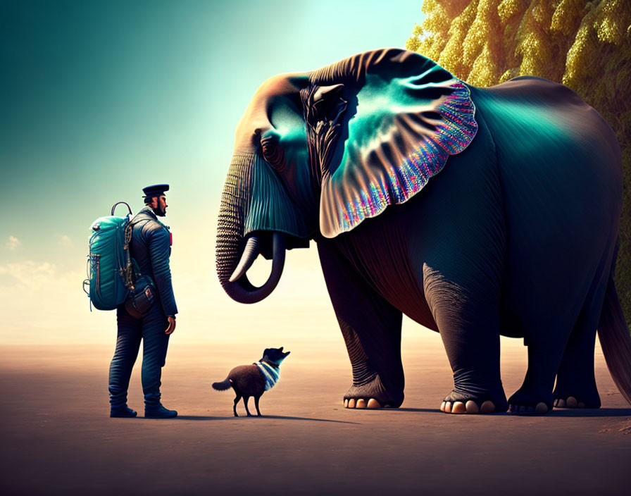 Man with backpack and dog meets majestic elephant under golden sky