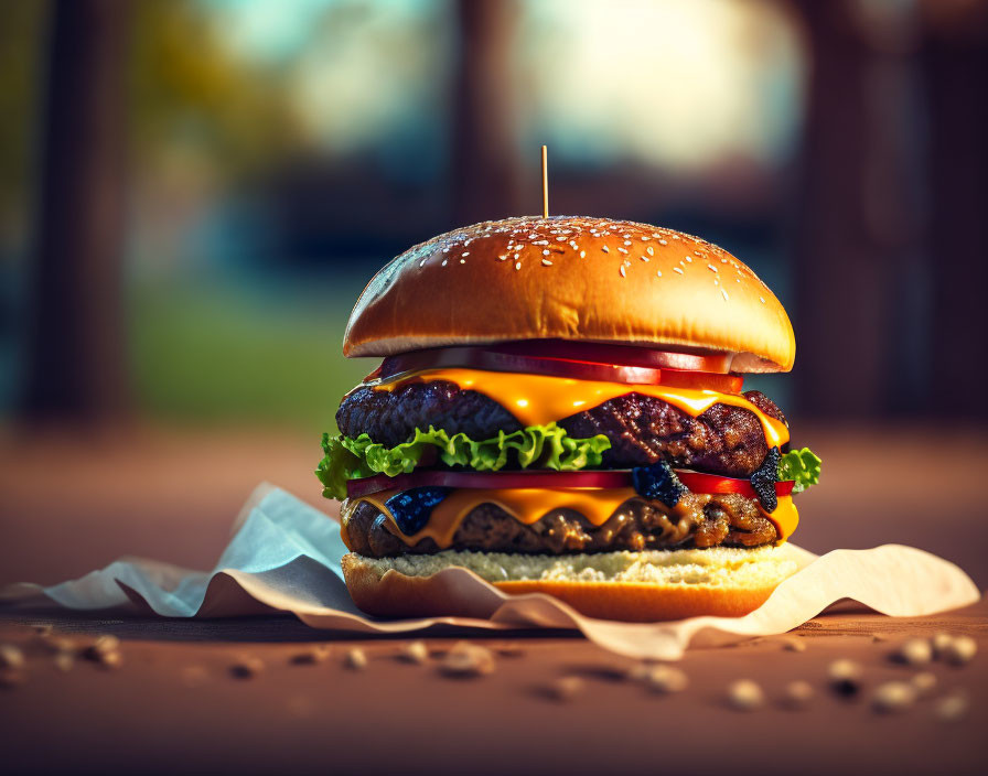 Double Cheeseburger with Lettuce, Tomatoes, and Multiple Cheese Slices on Sesame Bun