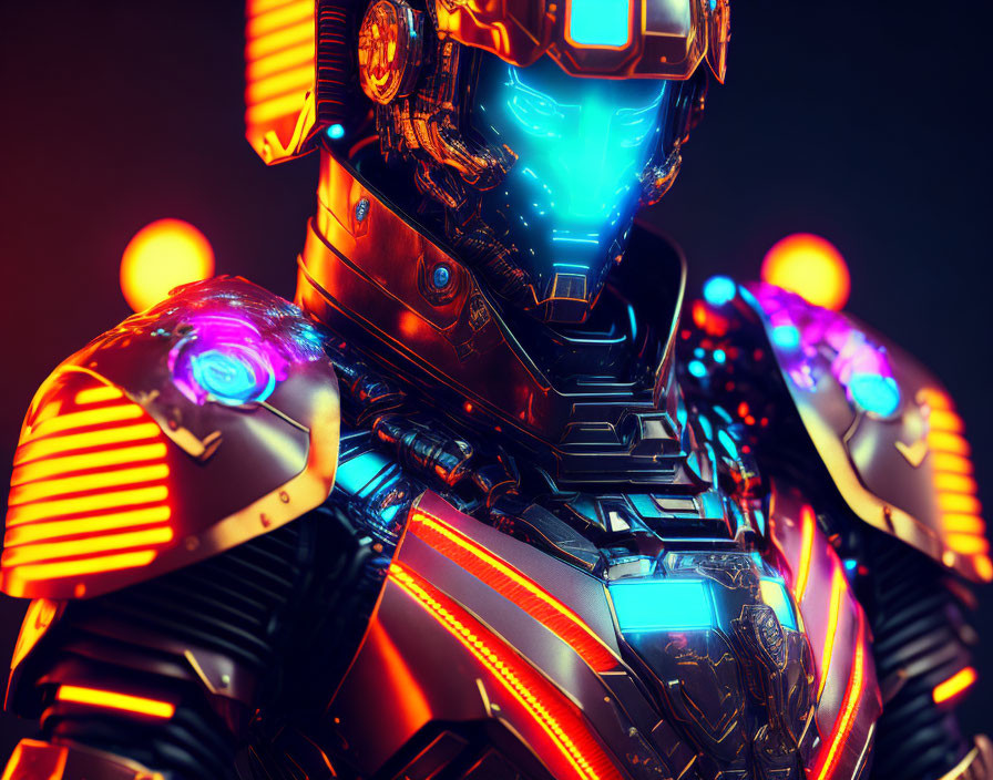 Futuristic robotic warrior with glowing blue visor and intricate orange armor