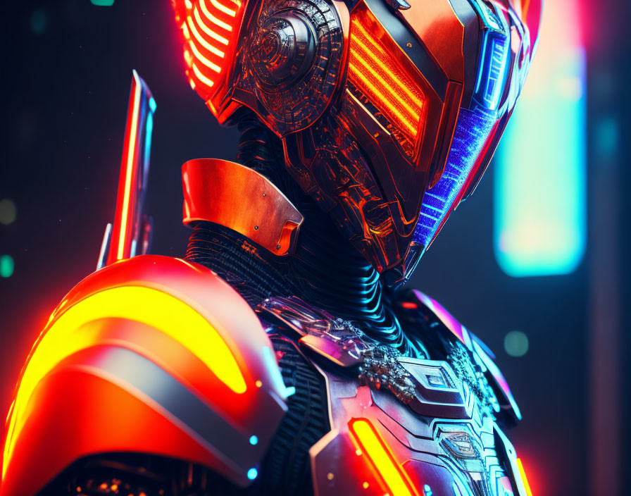 Detailed futuristic robot with orange illuminated lines in neon-lit cityscape.