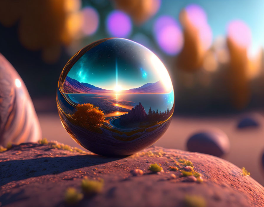 Crystal ball reflects vibrant sunset landscape with lake, mountains, and glowing orbs