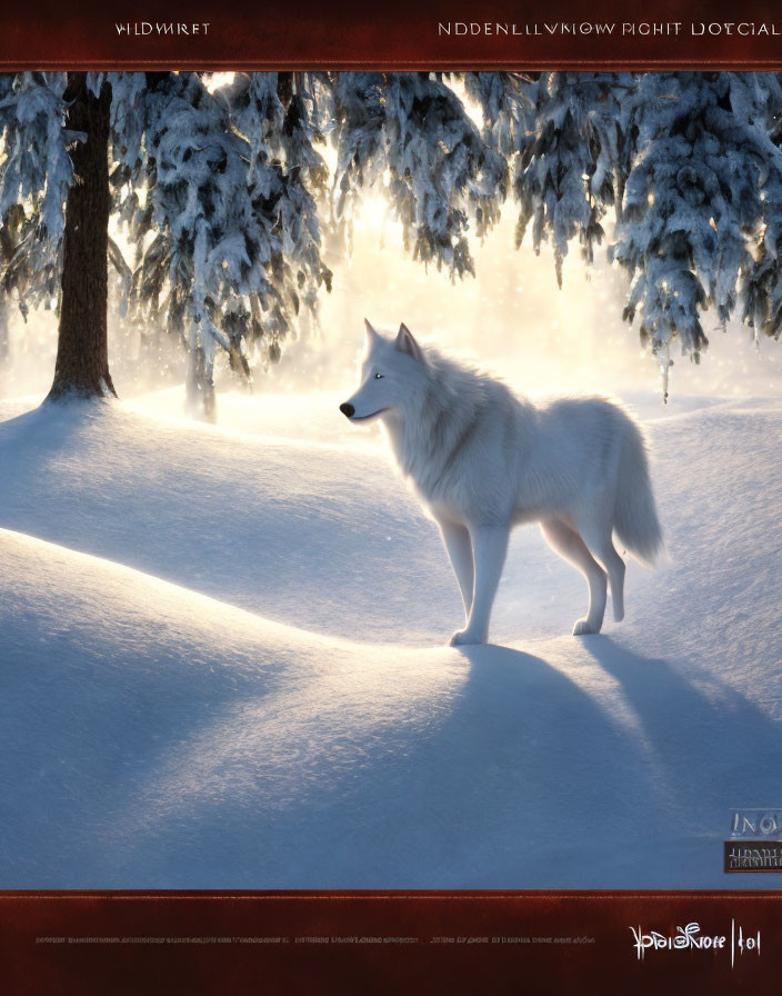 Majestic white wolf in snowy forest under sunlight.