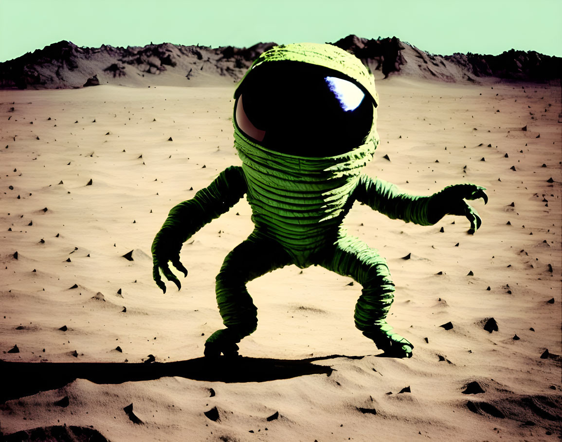 Green alien with black eyes on Mars-like landscape