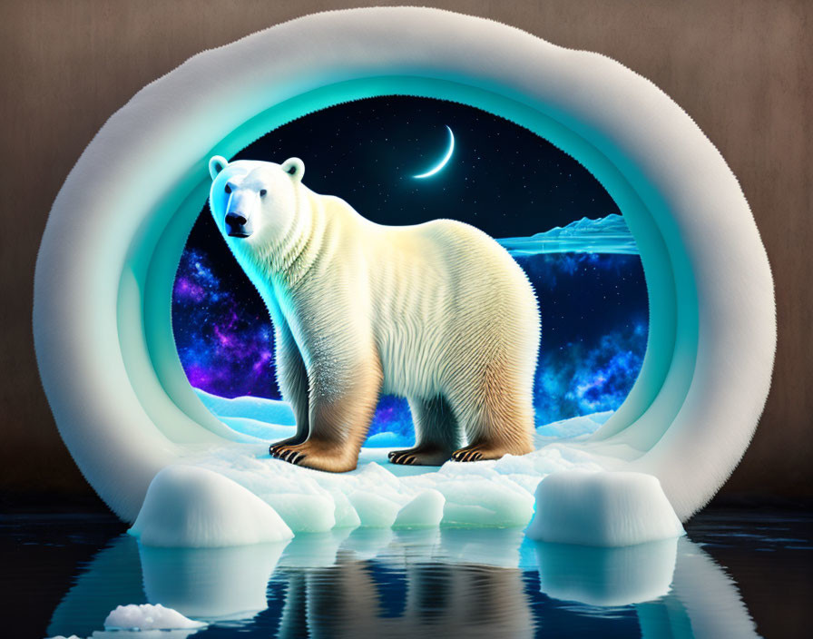 Polar bear in glowing portal with moon and icy landscape