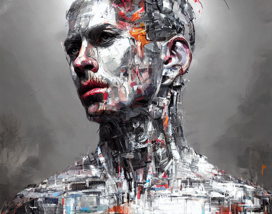 Male humanoid robot digital painting with textured metallic surface and detailed mechanical parts