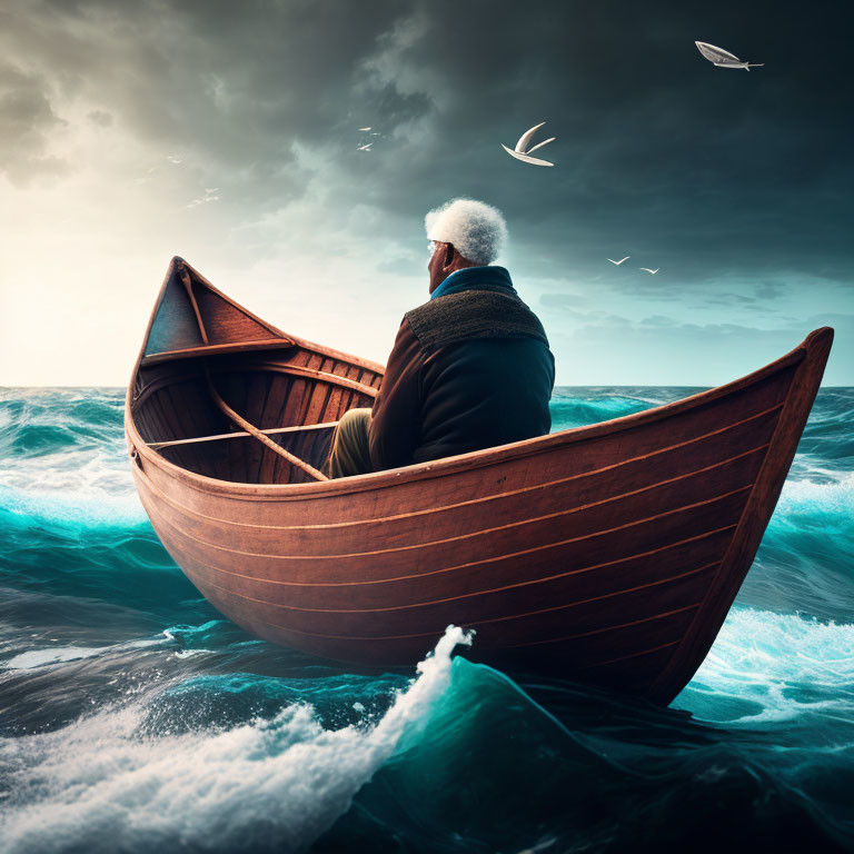 Elderly man in wooden boat on turbulent sea with dramatic sky