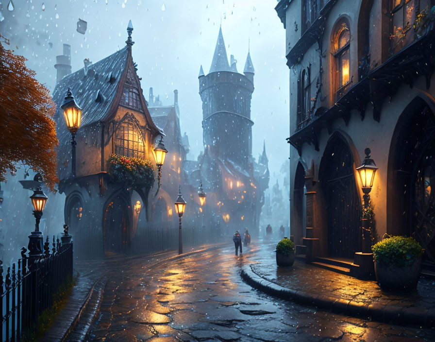 Medieval town cobblestone street snowfall scene at dusk