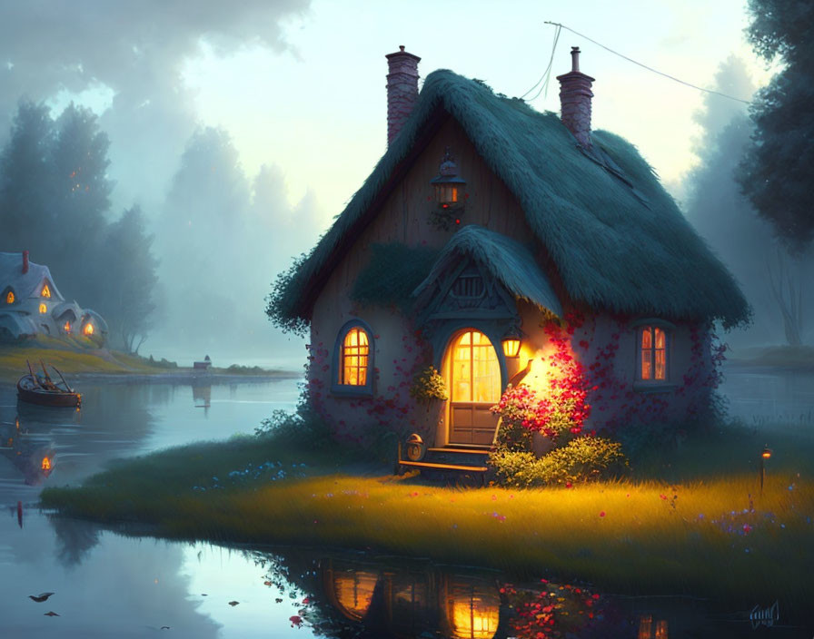 Thatched Roof Cottage by Tranquil River at Dusk