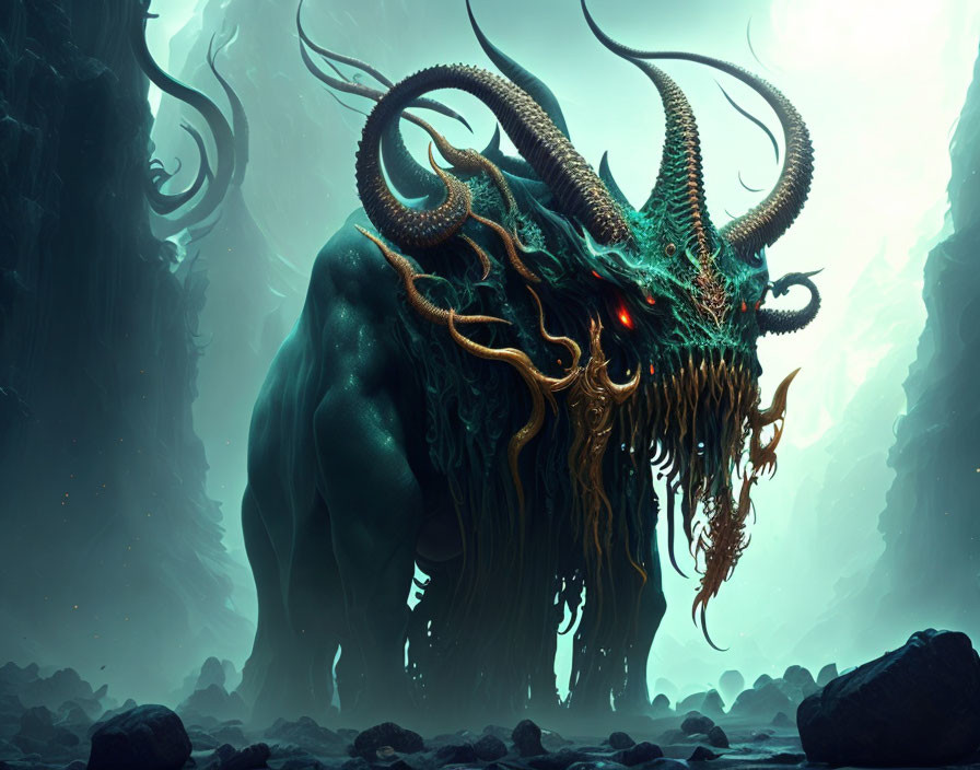 Fantastical creature with multiple horns in misty cavernous landscape