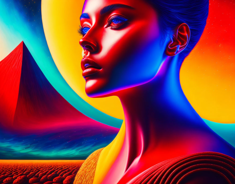 Colorful digital artwork: Woman's profile, blue and orange lighting, surreal background with pyramid and celestial