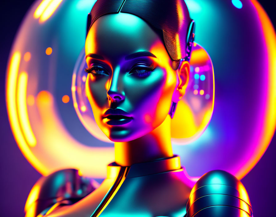 Futuristic metallic female figure with neon lights and glowing orbs