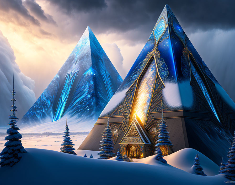 Glowing triangular structure in wintry mountain landscape