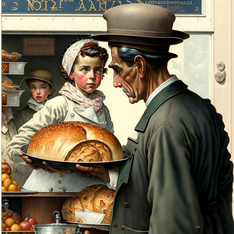 Illustration of man offering bread tray to girl at bakery