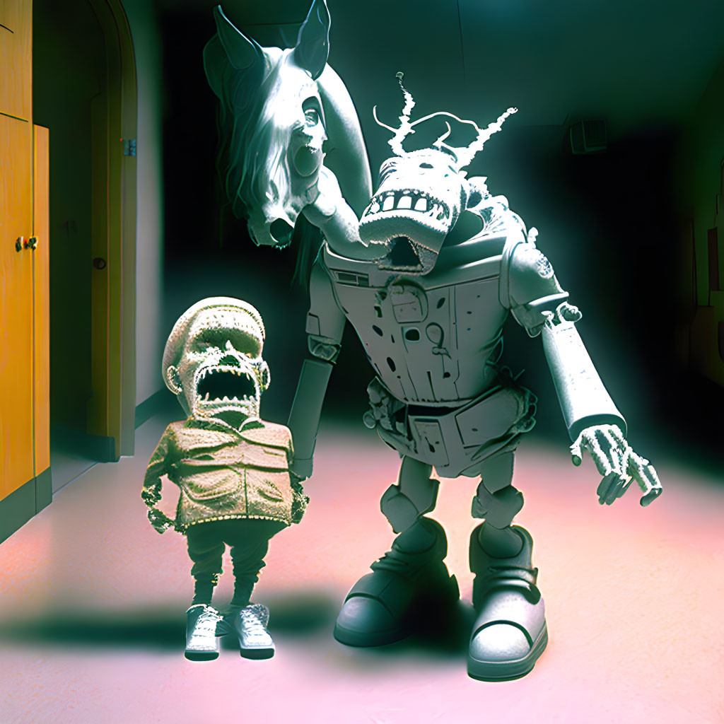 Stylized glowing humanoid, robotic insect, and ghostly horse in dimly lit corridor