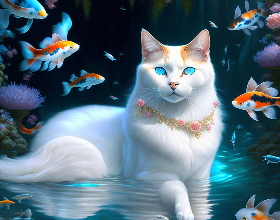 White Cat with Blue Eyes and Floral Necklace Surrounded by Colorful Fish and Coral