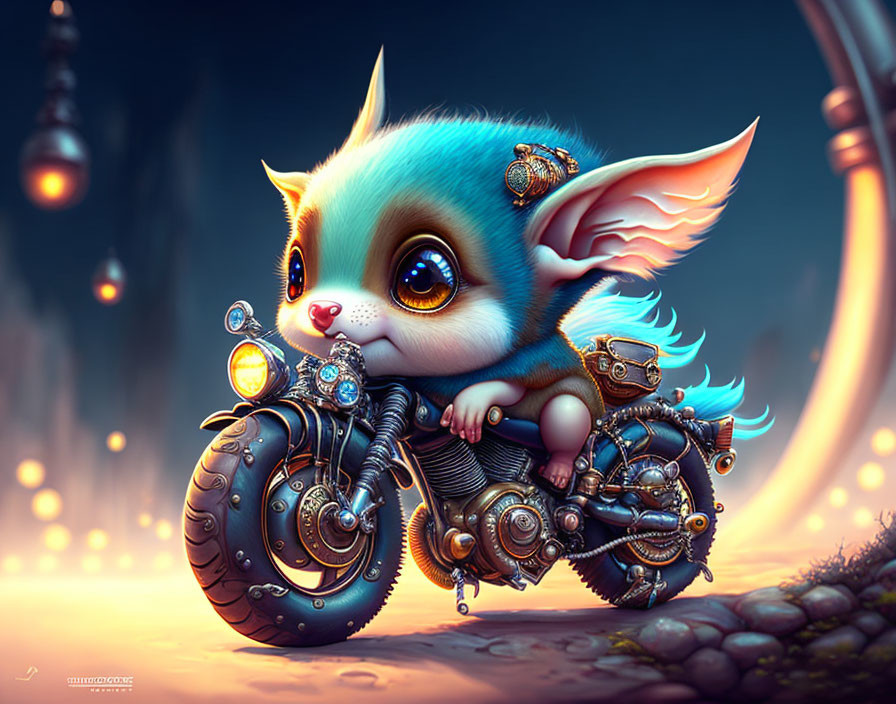 Fantasy creature on steampunk motorcycle in whimsical night scene