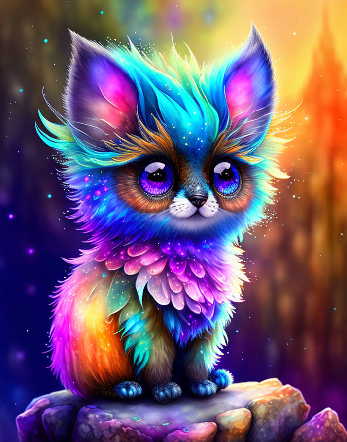 Colorful Feline Creature with Blue and Pink Fur and Feather-like Scales on Rock