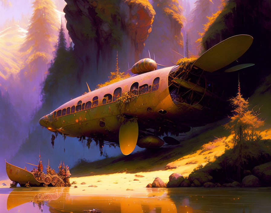 Abandoned airplane in mystical forest with golden sunlight and tranquil river boat