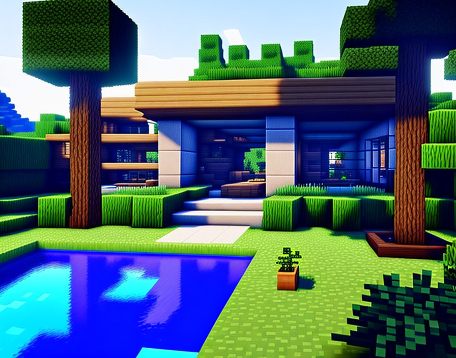 Digital landscape with blocky trees, blue pond, modern house - Minecraft style