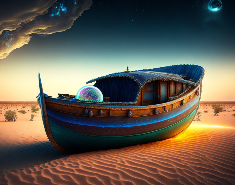 Intricately designed boat on desert with surreal sky and crystal orb colors