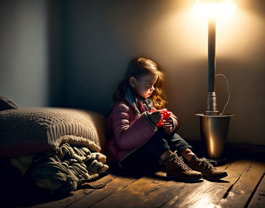 Young girl with red beads on wooden floor in warm light