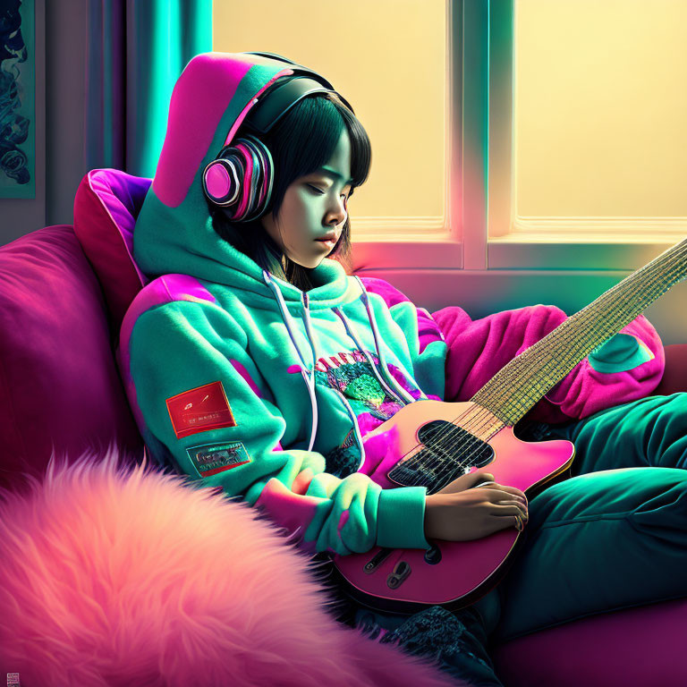 Person in teal hoodie with pink headphones holding electric guitar on purple couch near window with colorful light.