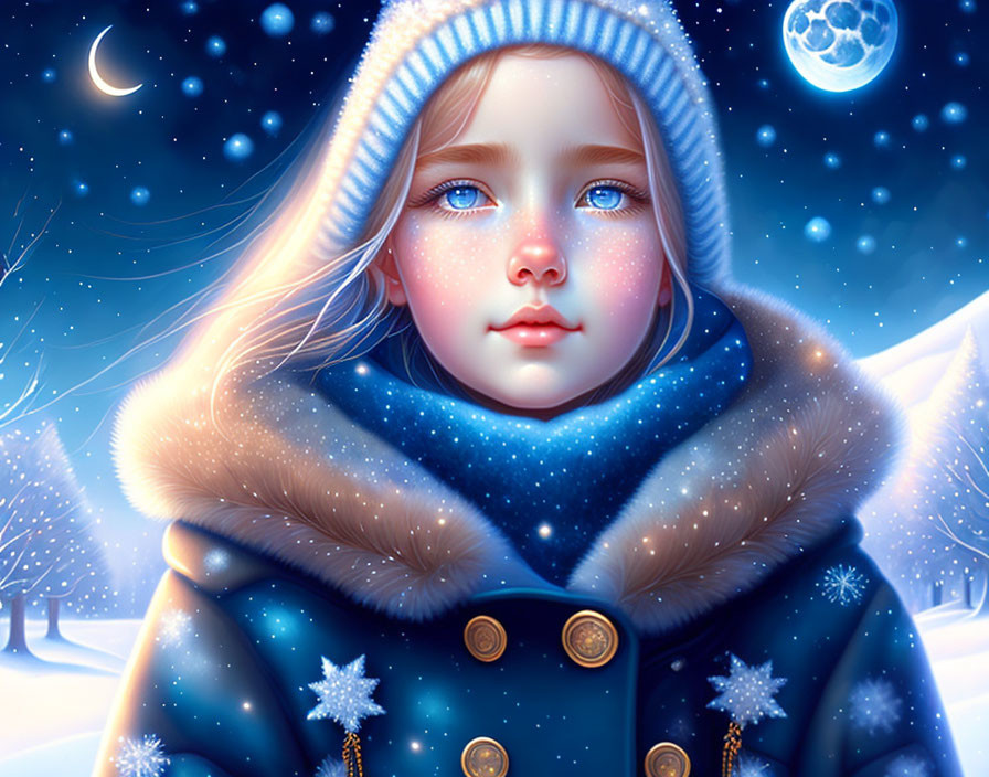 Young girl in winter attire under moonlit sky.