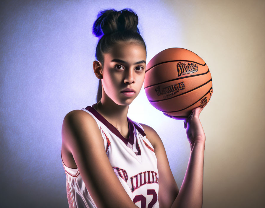 Young basketball player in white and maroon jersey with orange ball on gradient background