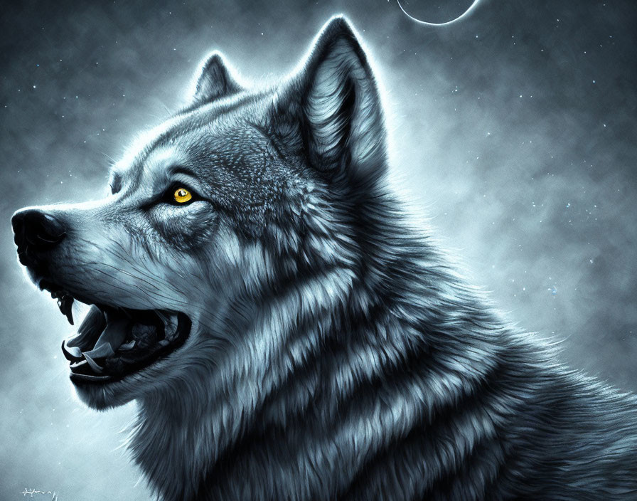 Detailed digital art: Snarling gray wolf with yellow eyes in starlit night sky