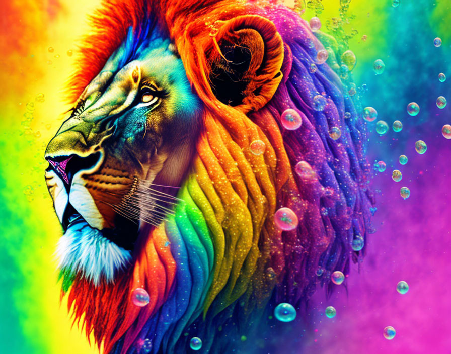 Colorful Digital Artwork: Lion with Rainbow Mane and Bubbles