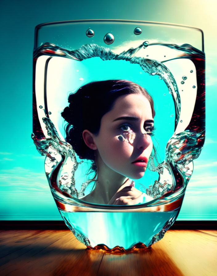 Woman's Face Submerged in Glass of Water with Splashing Waves