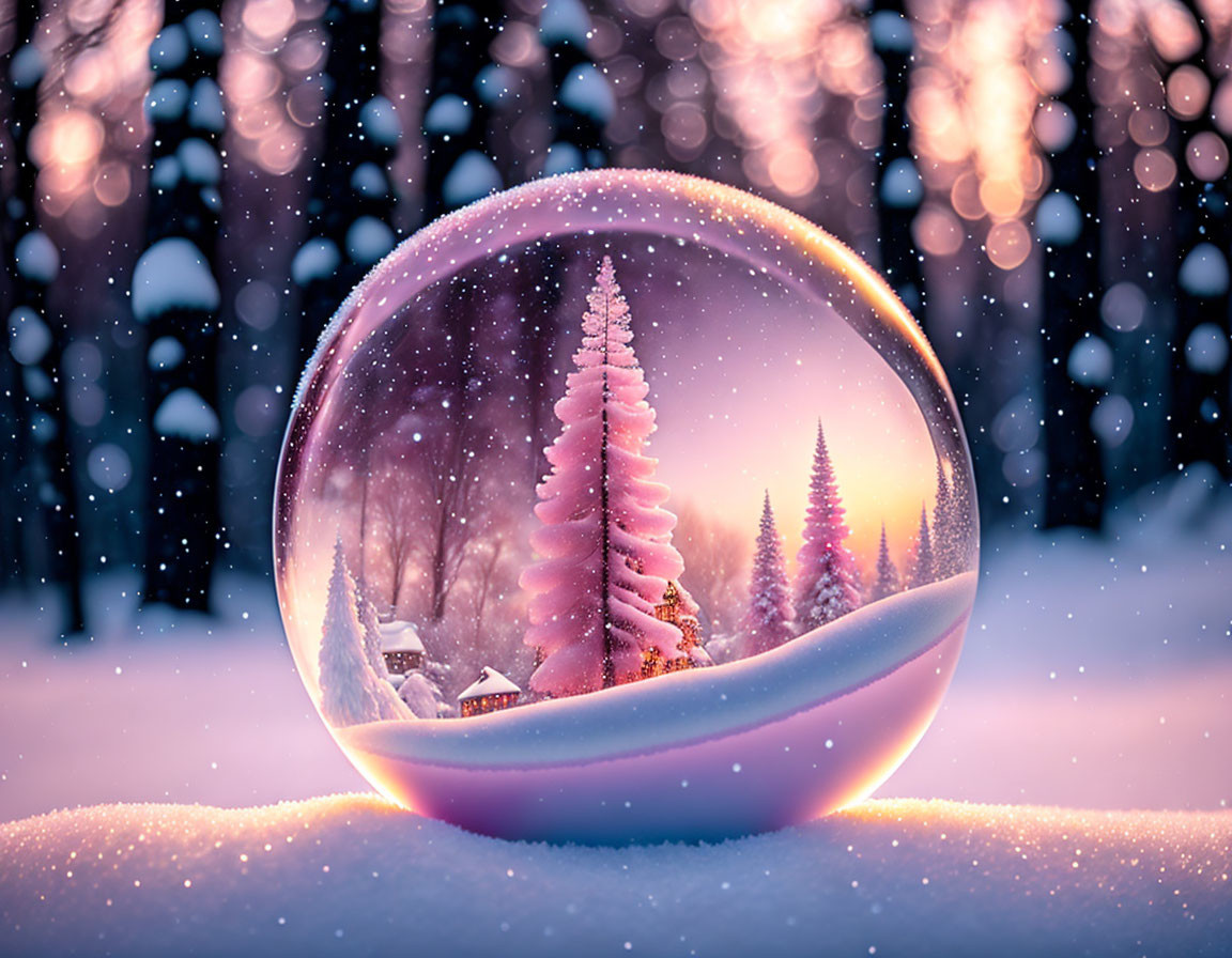 Snow Globe Winter Scene with Fir Trees, Cabin, and Snowfall