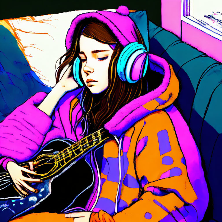 Girl in pink hoodie with headphones and guitar on blue couch