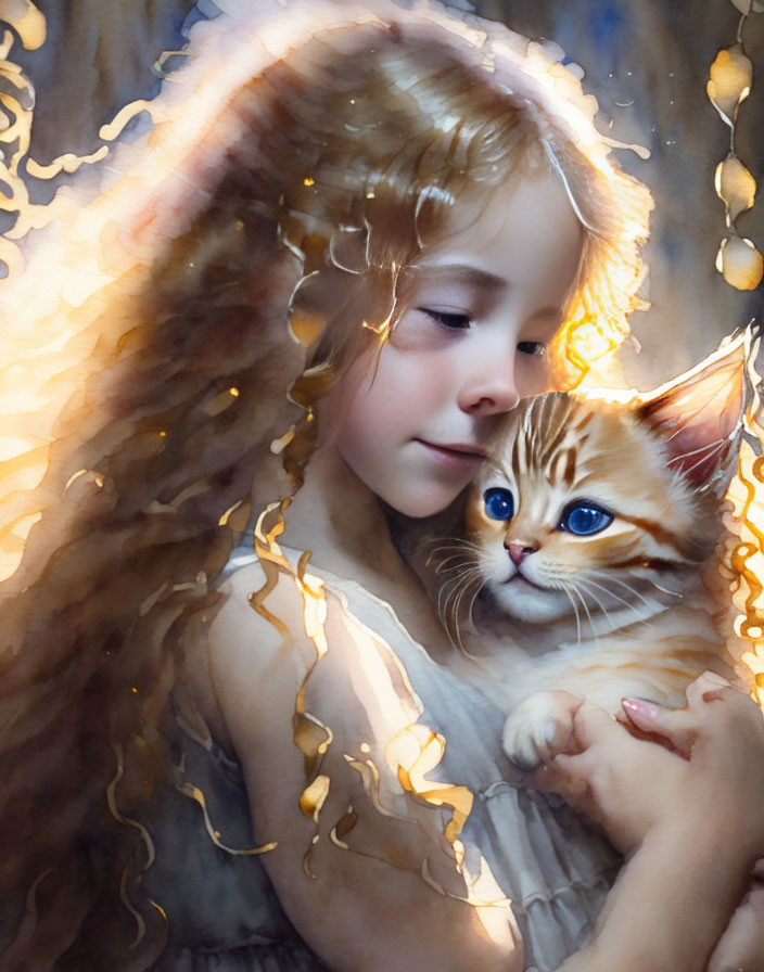 Young girl with wavy hair holding orange tabby kitten in soft light