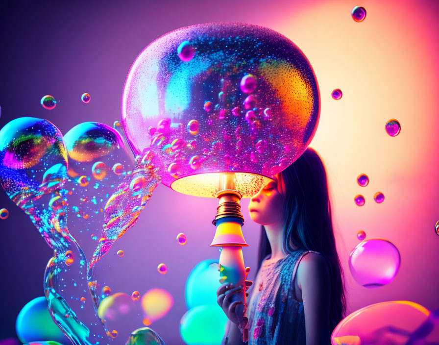 Child holding lightbulb creates iridescent bubbles in colorful scene