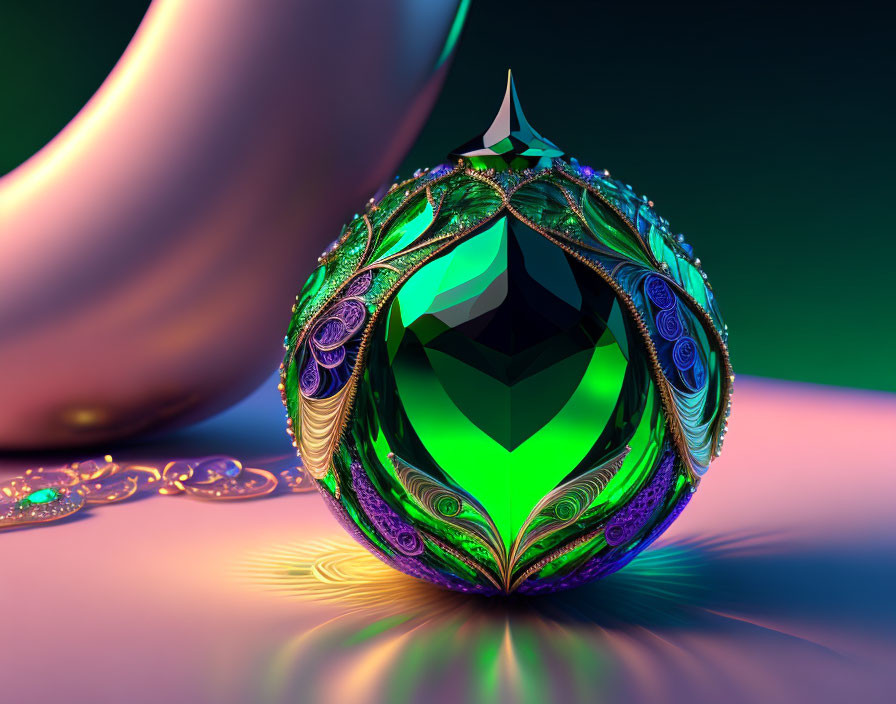 Digitally created ornate emerald gemstone with gold and purple metalwork on pink and teal background