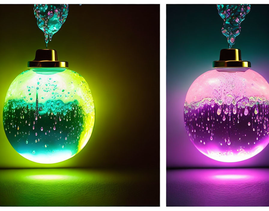 Vibrant illuminated round aquariums with pouring water creating bubbles and ripples.