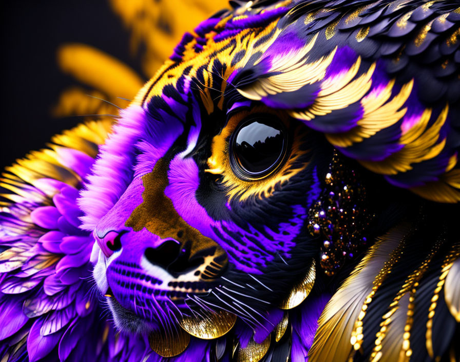 Vivid digital artwork: Tiger with purple, yellow, and gold feather-like patterns