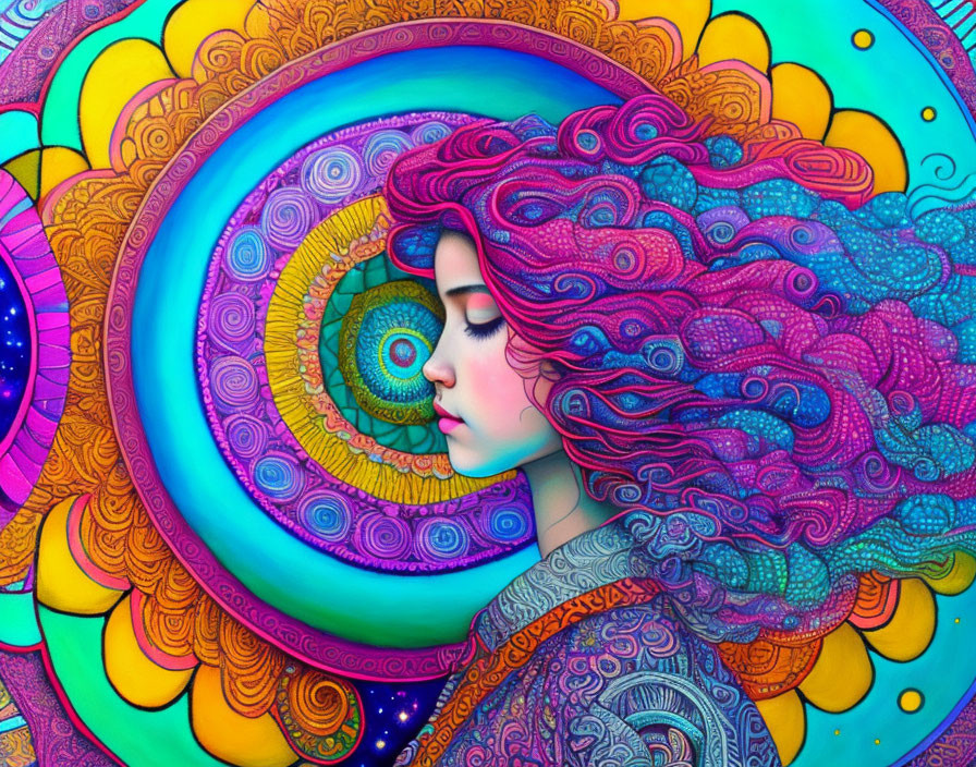 Colorful digital artwork: Woman with patterned hair in abstract cosmic background