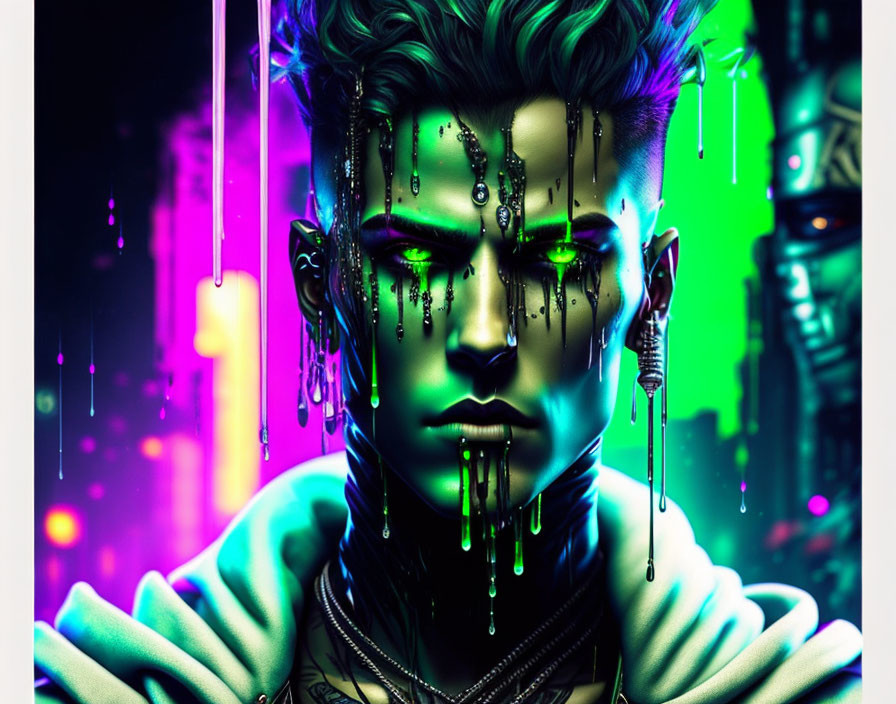 Futuristic cyberpunk portrait with green and purple lighting, cybernetic enhancements, glowing eyes,