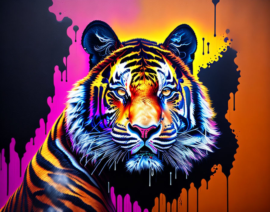 Colorful Tiger Head Graffiti on Wall with Drips and Splatters