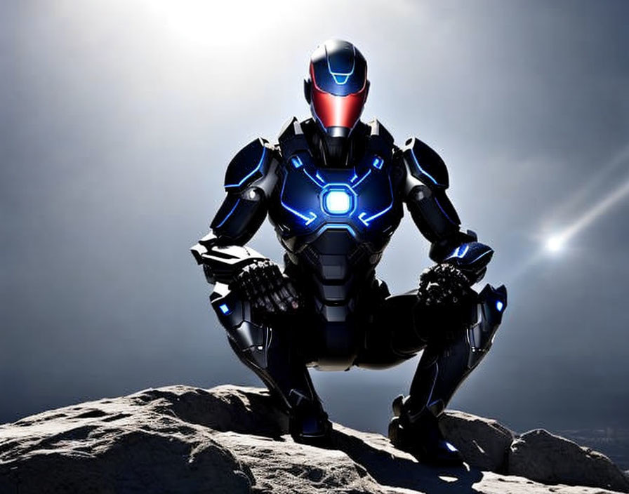 Advanced blue and black armored suit crouching under dramatic sky