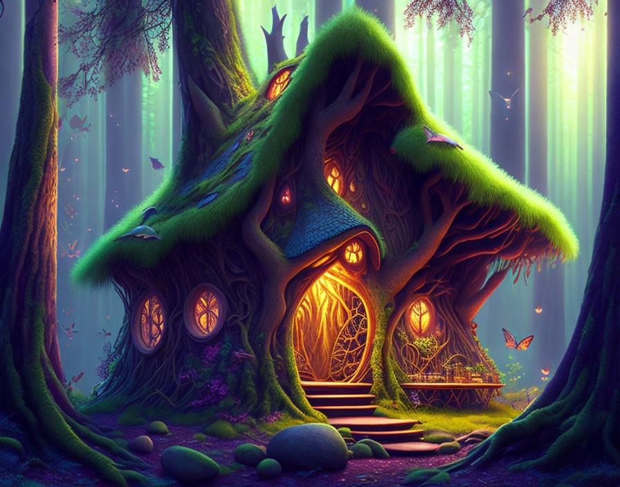 Whimsical treehouse in magical forest with glowing windows