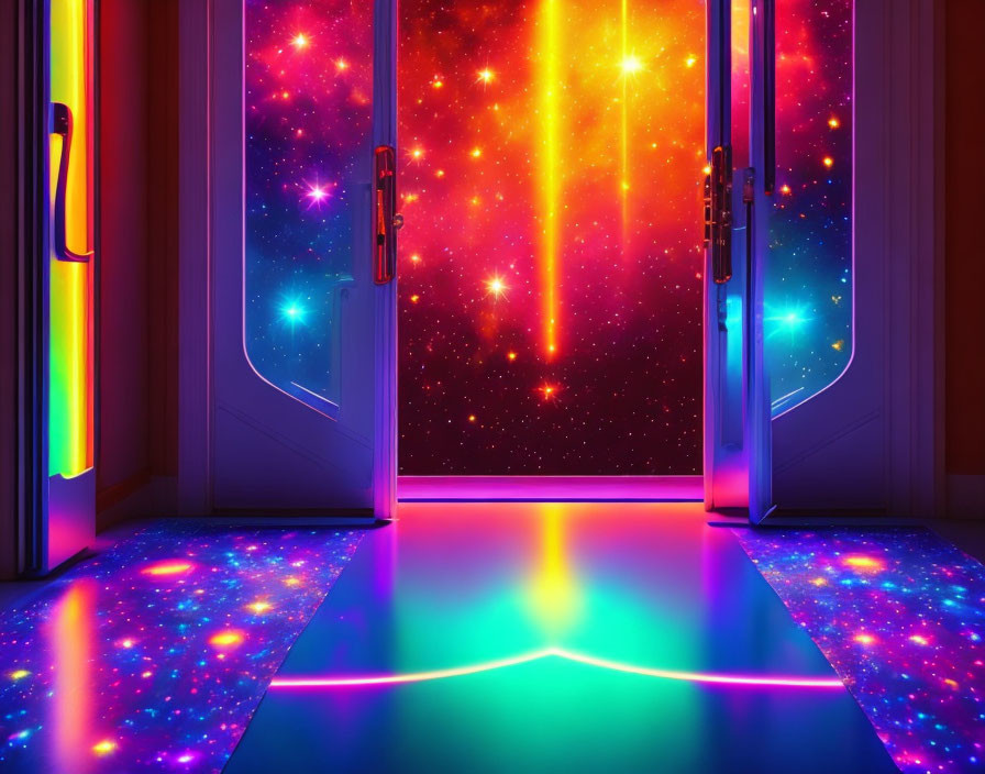 Vibrant cosmic scene with stars, nebulae, neon lights, and reflective floor