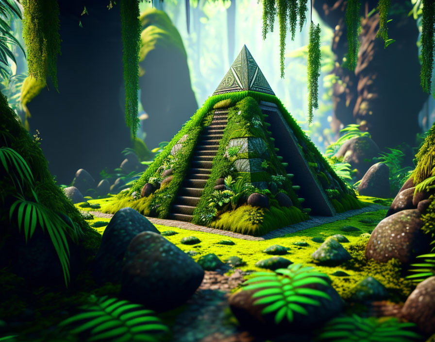 Mystical forest scene with ancient moss-covered pyramid