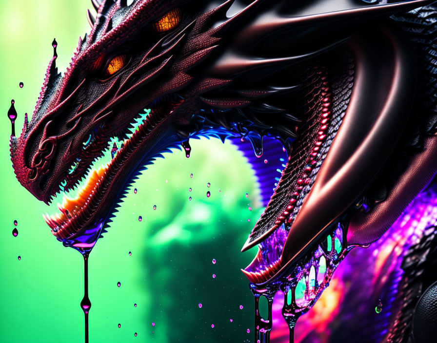 Colorful dragon with rainbow scales, red eyes, and dripping jaws on green background.