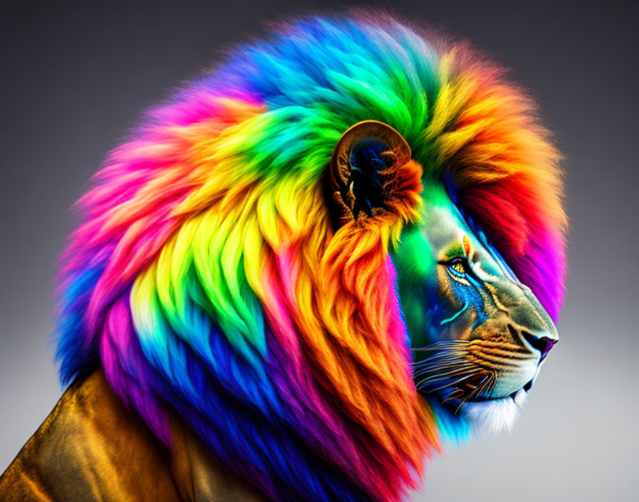 Colorful Lion Artwork: Rainbow Mane on Gray Background