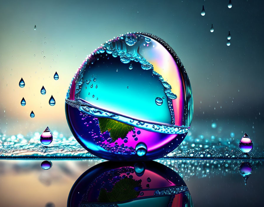 Colorful water droplet reflecting rainbow hues in a wet scene